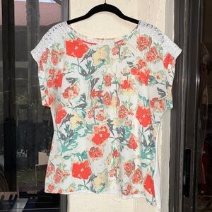 Van Heusen White Floral Short-Sleeve Blouse with Coral Accents Spring